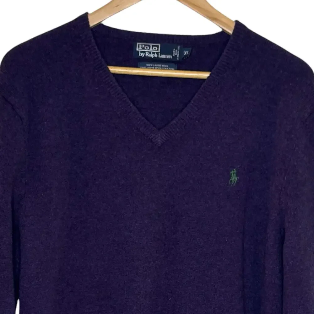 Vintage Polo Ralph Lauren 100% Lambs Wool Purple V-Neck Sweater Green Pony